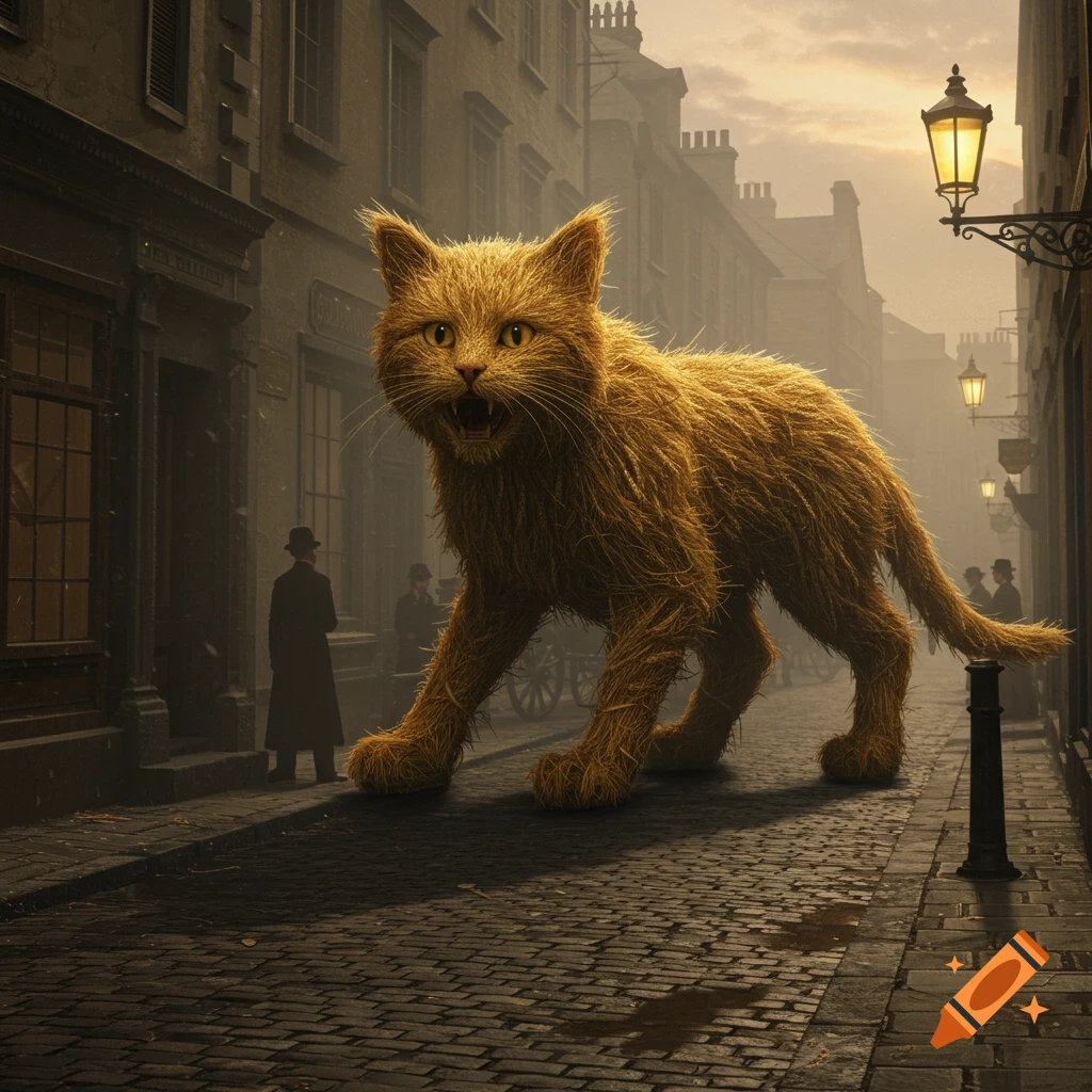 A massive, photorealistic cat made of golden wheat stalks, with an open mouth, strides down a dusky cobblestone Victorian street.