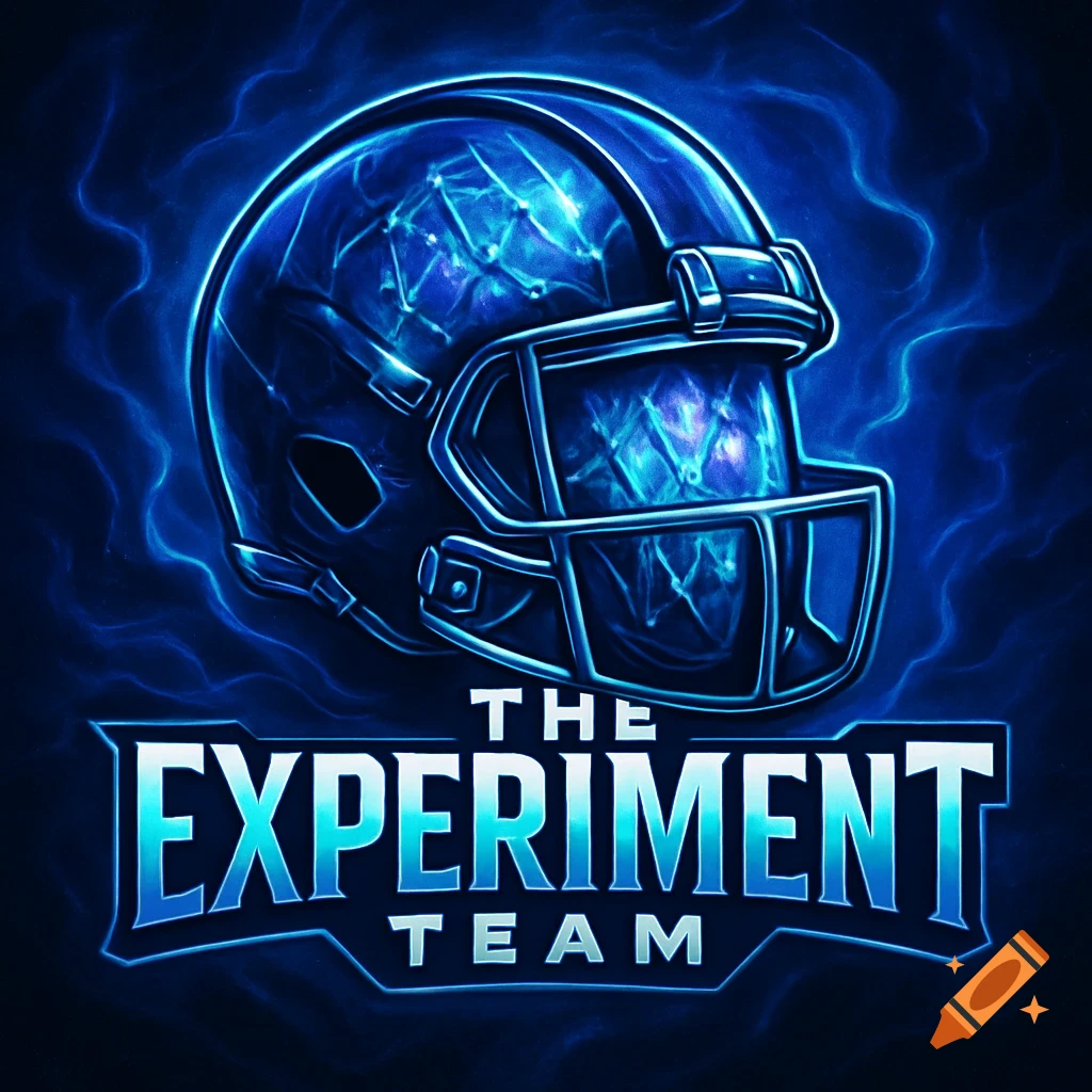 A blue digital art logo of a football helmet with glowing circuitry and lightning, featuring the text 'THE EXPERIMENT TEAM'.