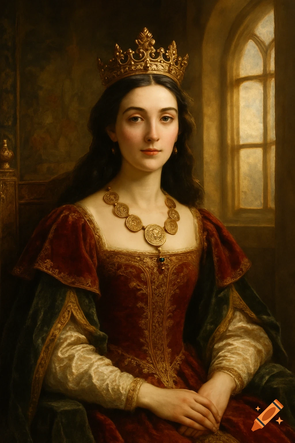 A young dark-haired queen in a golden crown, ornate red and gold dress, and coin necklace, posed in a classical portrait painting.