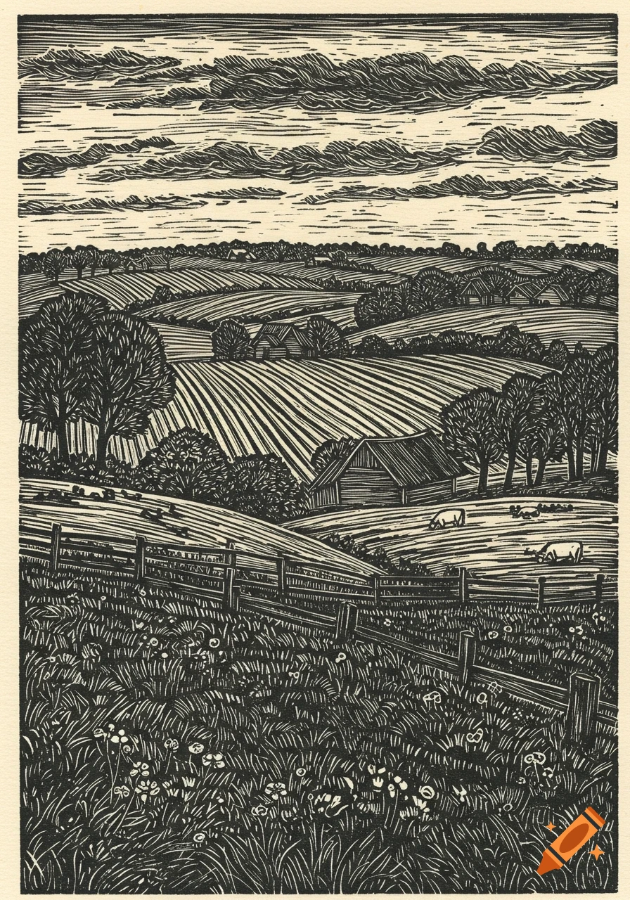 A linocut of a rolling rural landscape with fields, trees, a barn, and sheep grazing near a wooden fence.