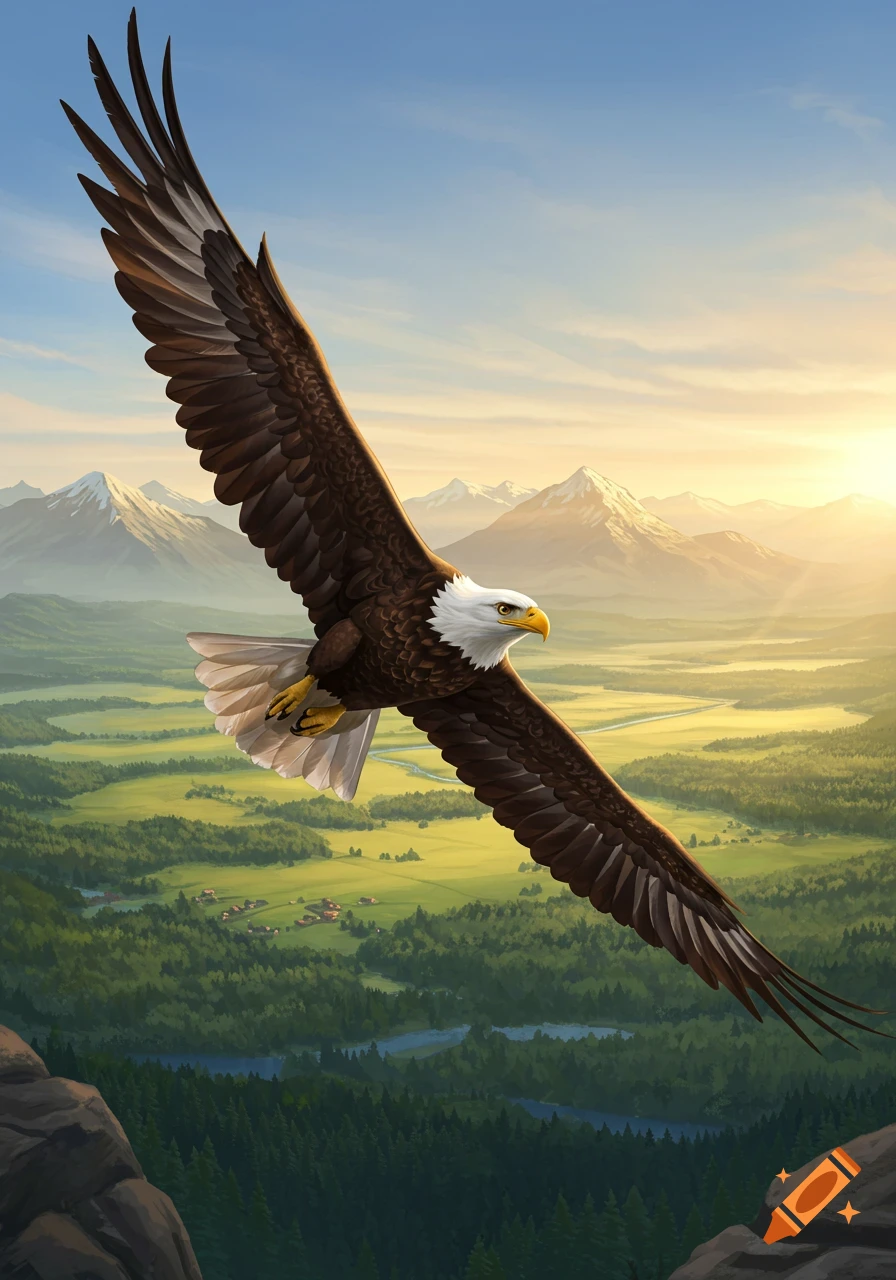 A majestic bald eagle soars with outstretched wings over a vibrant green valley and snow-capped mountains at sunset.