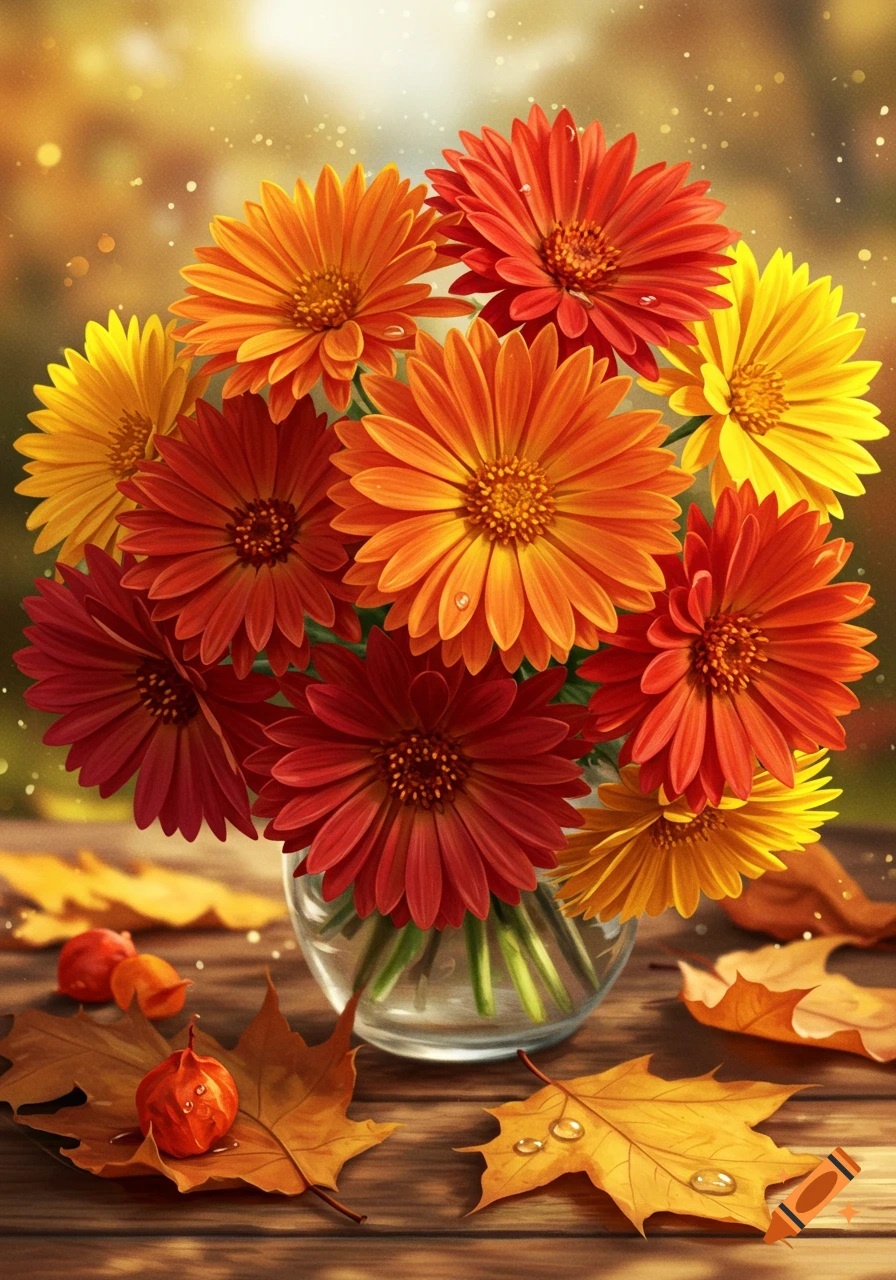 Vibrant red, orange, and yellow flowers in a glass vase on a wooden table, surrounded by autumn leaves and water droplets.