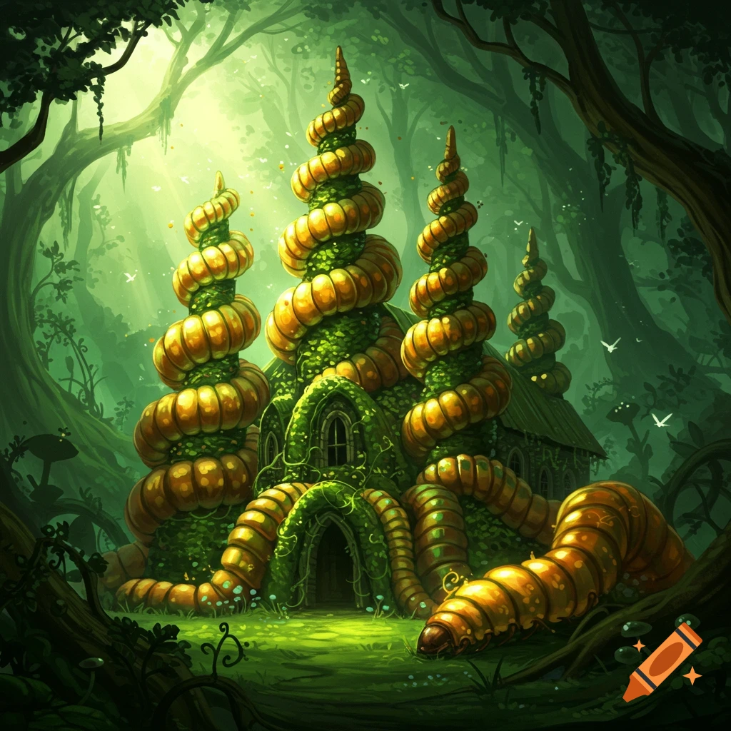 A fantastical church-like building made of spiraling worm-like structures covered in green moss, nestled in a lush, vibrant green forest.