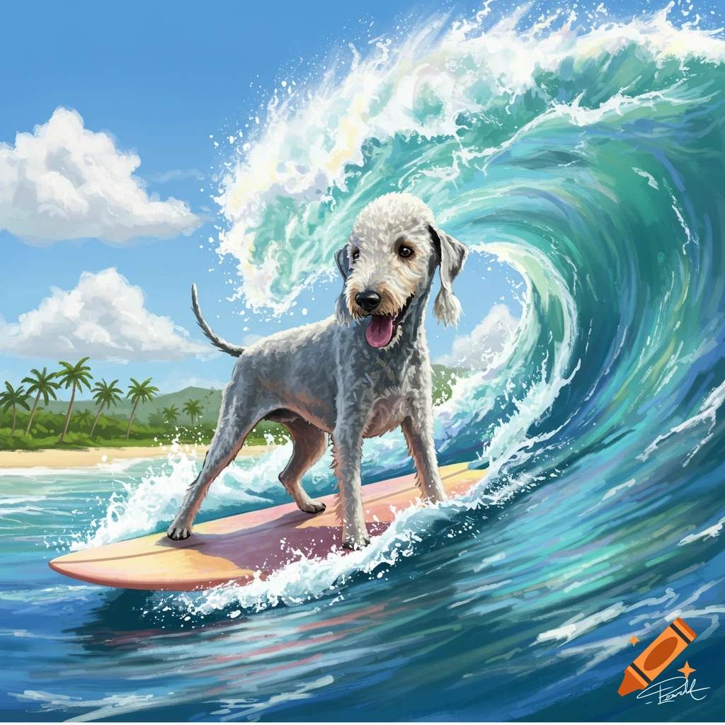 A fluffy Bedlington terrier dog stands on a surfboard, riding a large turquoise wave at a tropical beach with palm trees.