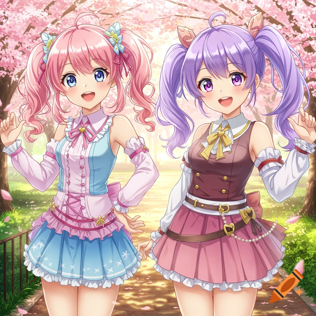 Two smiling anime girls with pink and purple hair in frilly dresses waving under cherry blossoms on a sunny day.