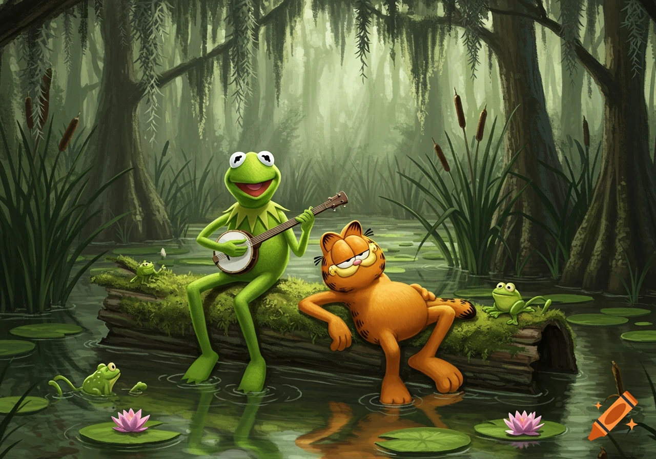 Kermit the Frog plays a banjo on a mossy log with Garfield relaxing next to him in a lush green swamp with lily pads and small frogs.