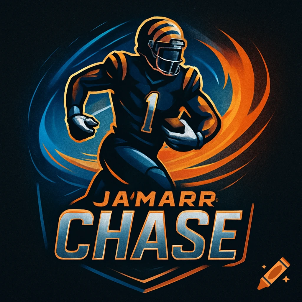 Digital art logo of a football player in a dark uniform with number '1', running with a football against blue and orange stylized energy. 'JA'MARR CHASE' text is below.