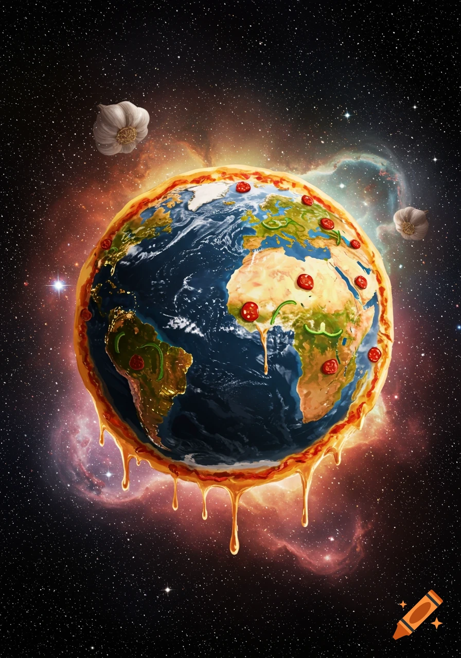 The Earth depicted as a cheesy pizza with pepperoni and vegetables, dripping cheese into space with garlic cloves floating nearby.