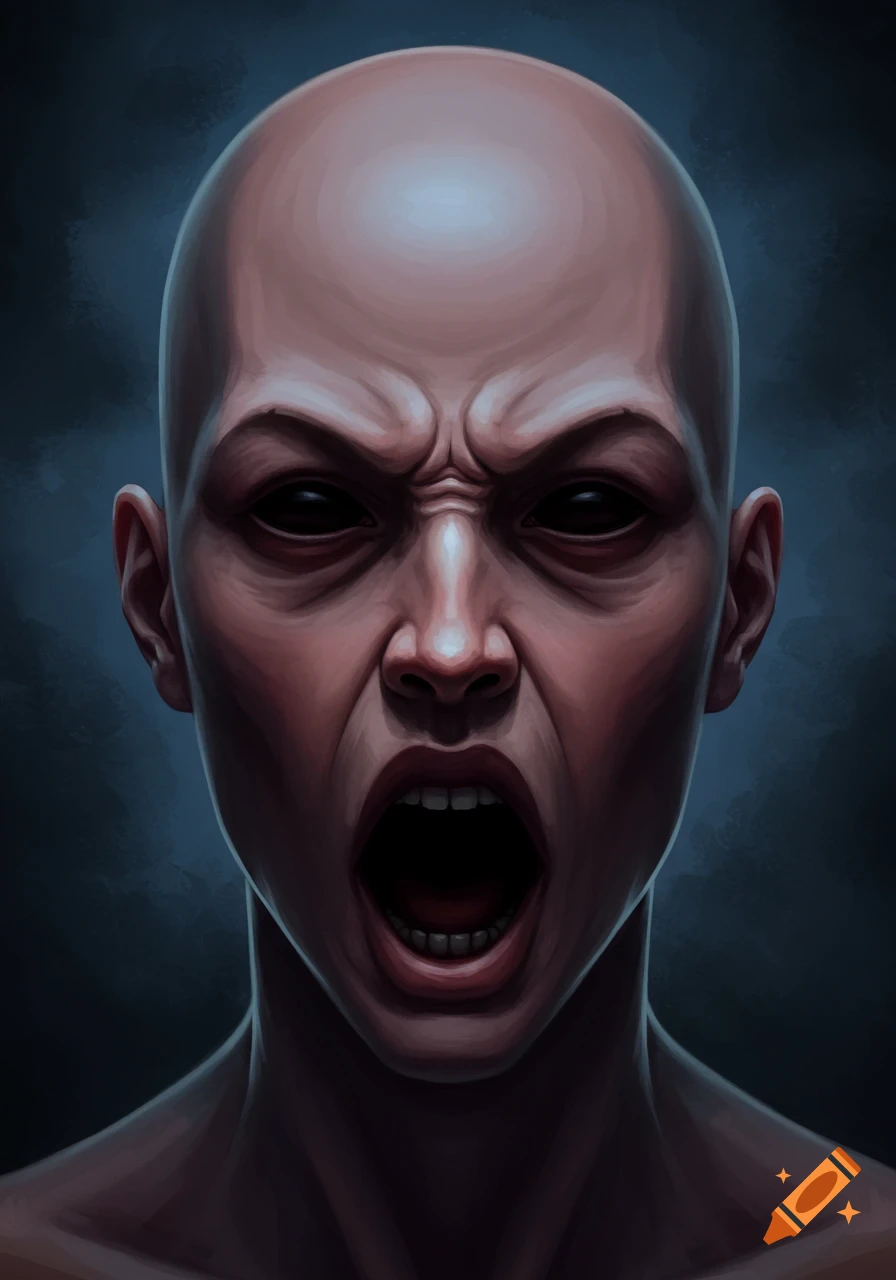 Close-up digital painting of an angry bald person with black eyes and an open mouth, screaming.