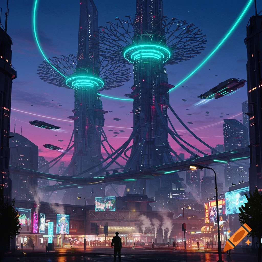 A vibrant, futuristic cityscape at dusk with towering structures, glowing neon lights, flying vehicles, and a bustling street below.