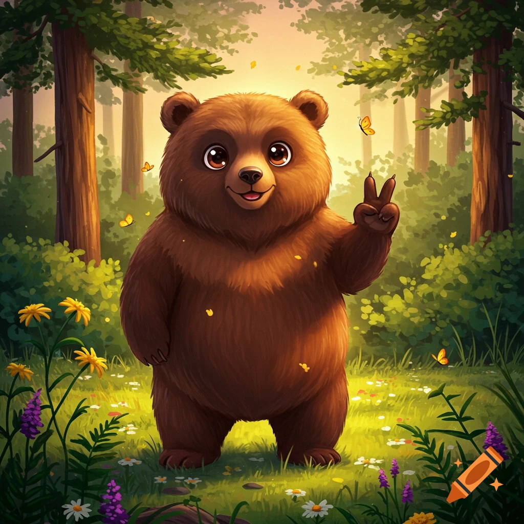 A cute brown cartoon bear stands in a sunny forest clearing, making a peace sign with its paw. Butterflies and wildflowers are around it.