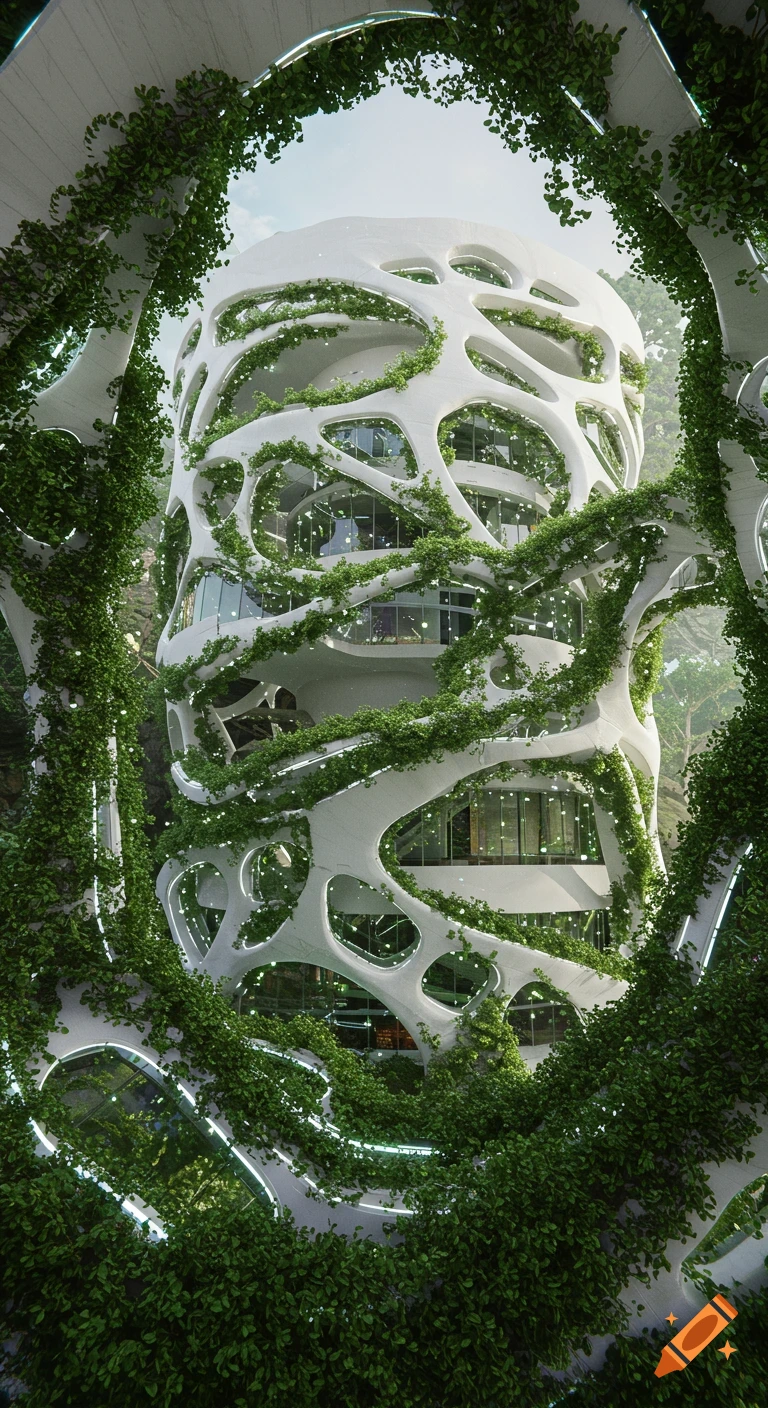 A photorealistic rendering of a twisted, white, futuristic eco-building covered in glowing green vines, nestled in a lush forest.