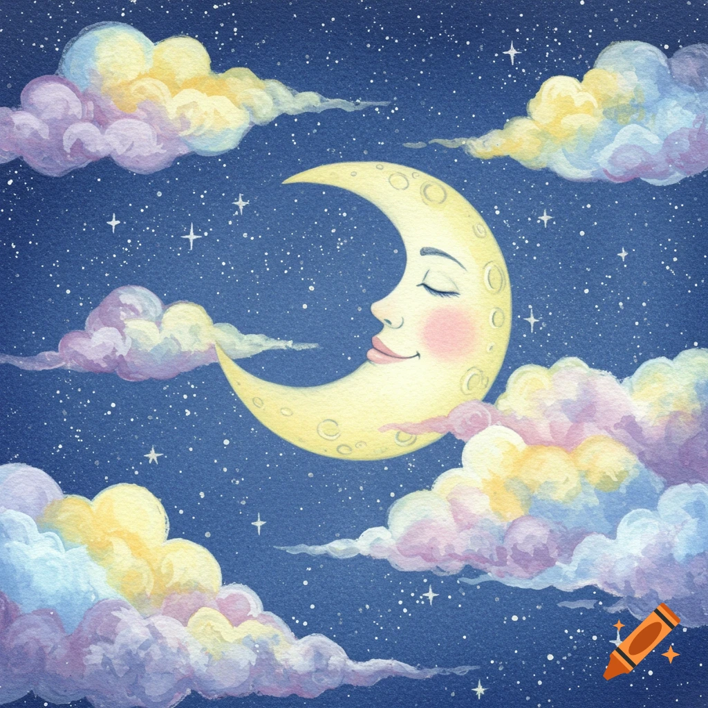 Watercolor illustration of a sleeping crescent moon face surrounded by pastel clouds and stars in a blue night sky.