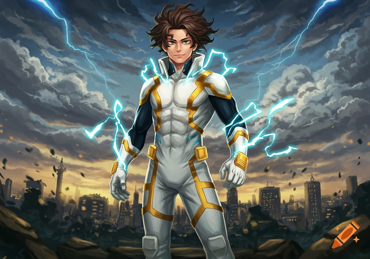 An anime male hero with wavy brown hair and hazel eyes, in a white, blue, and gold lightning battle suit, stands over a destroyed city.
