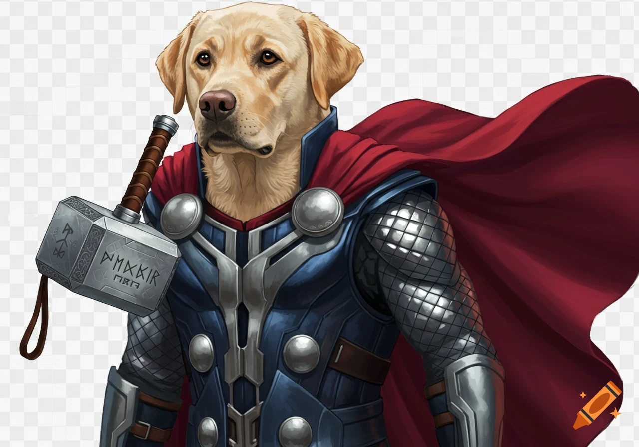 A golden Labrador retriever dressed in Thor's armor and red cape, holding Mjolnir, with a transparent background.