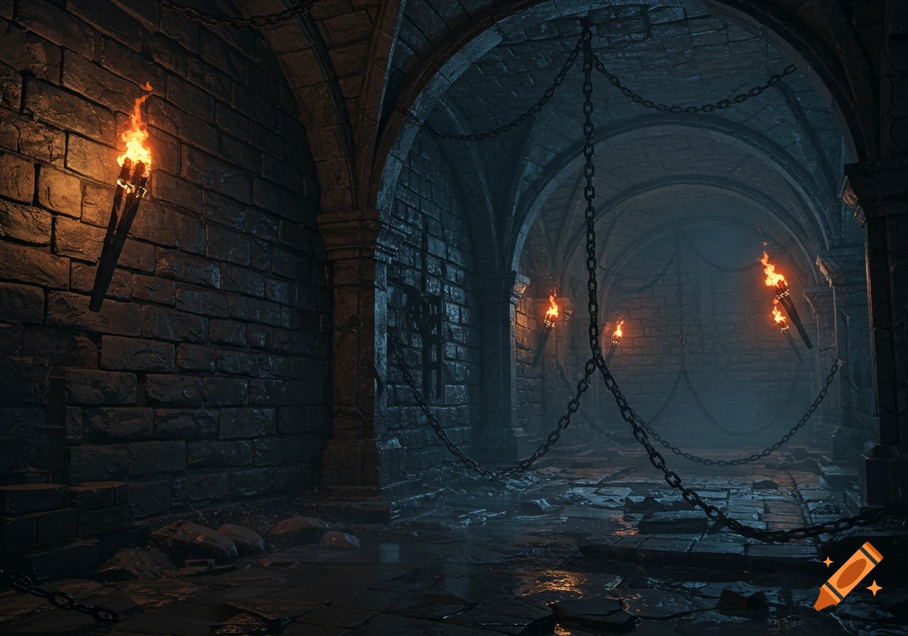 A dimly lit stone dungeon with arched ceilings, hanging chains, and wall-mounted torches casting light on a wet, debris-strewn floor.