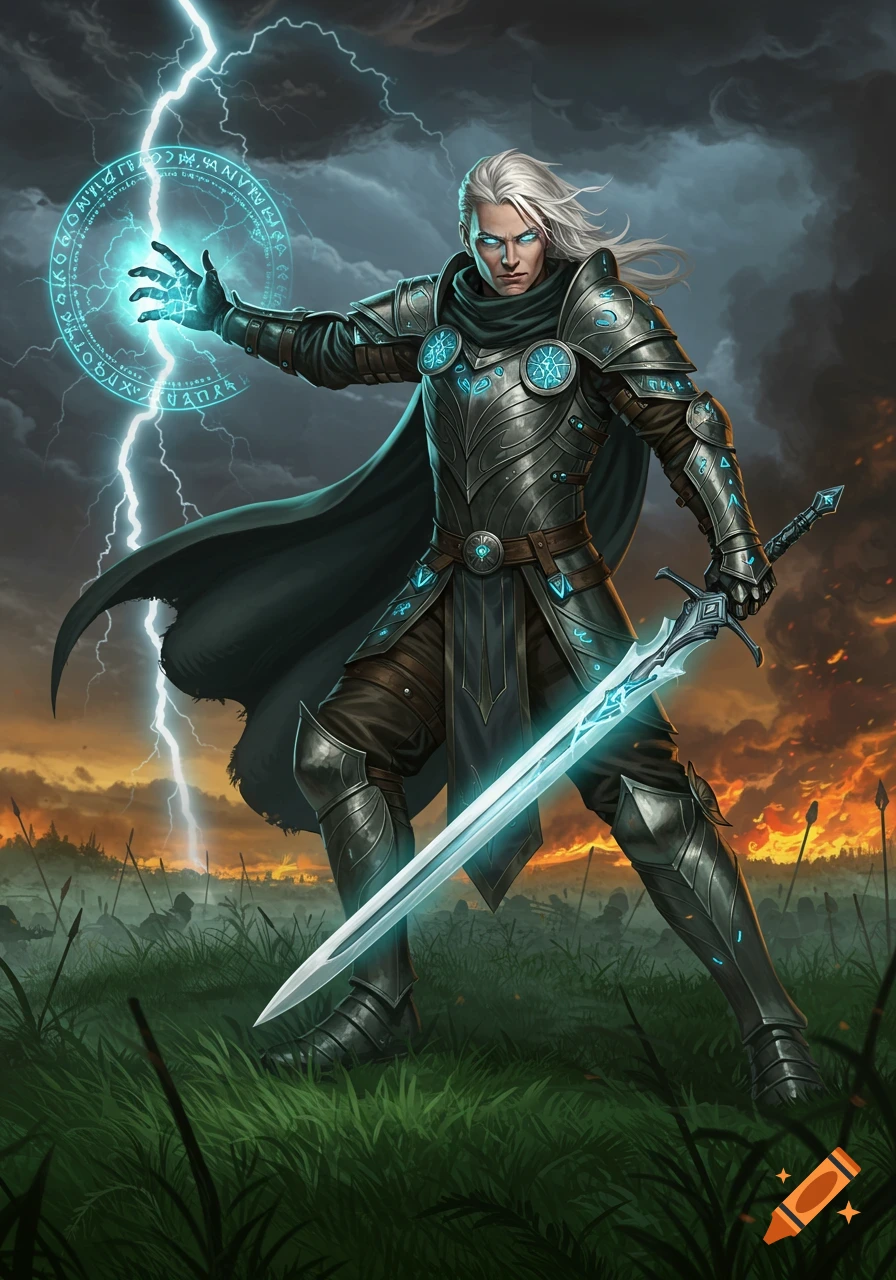A powerful spellsword with white hair in ornate armor wields a glowing sword and casts a spell with lightning in a stormy, fiery landscape.