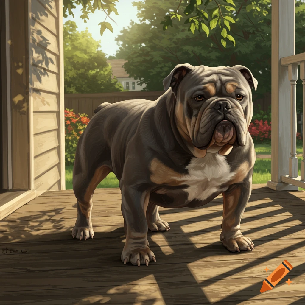 A gray and tan bulldog stands on a wooden porch bathed in sunlight, with a green garden and house in the background.