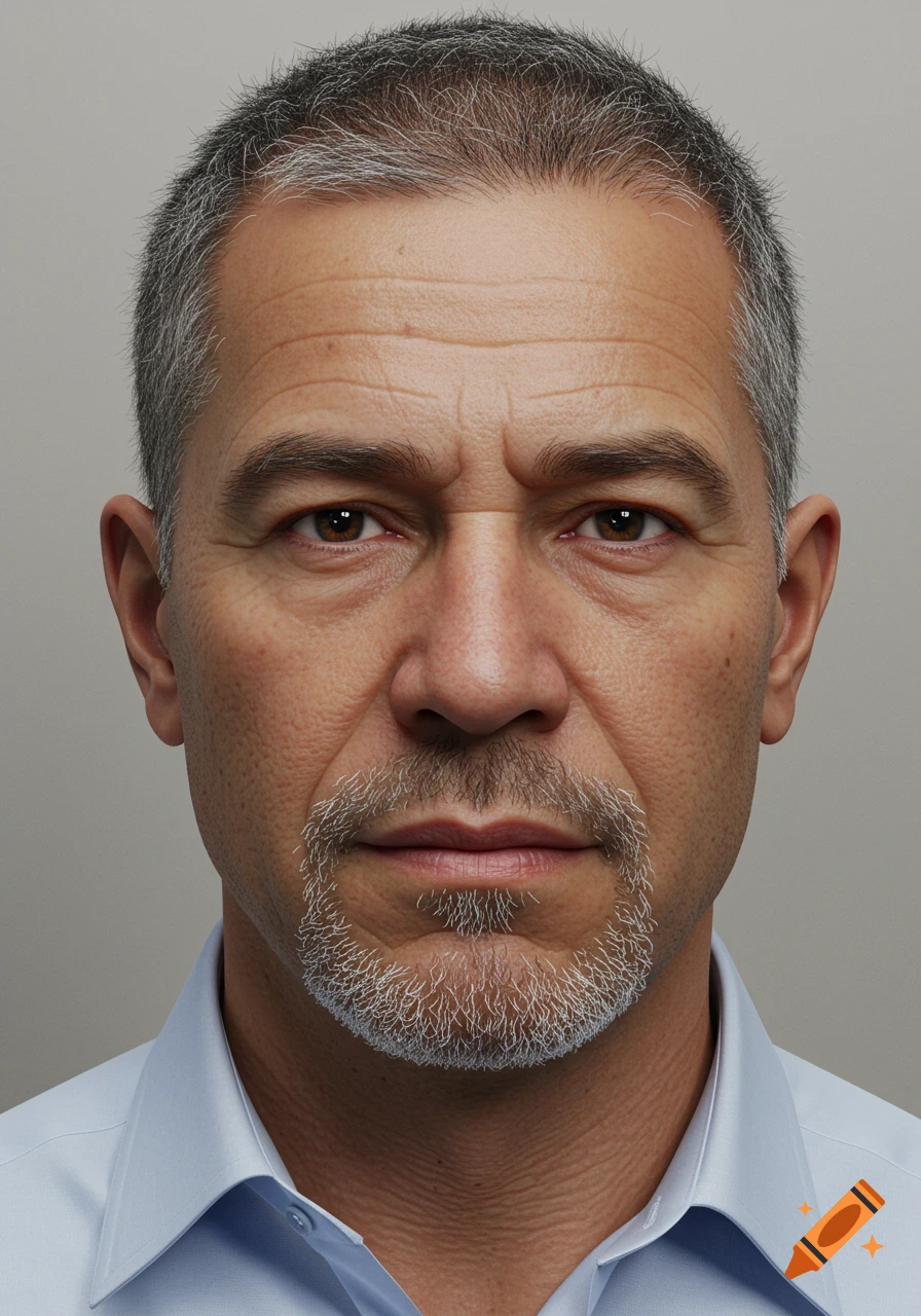 Photorealistic portrait of a middle-aged man with graying hair and a goatee, wearing a light blue shirt, looking forward.
