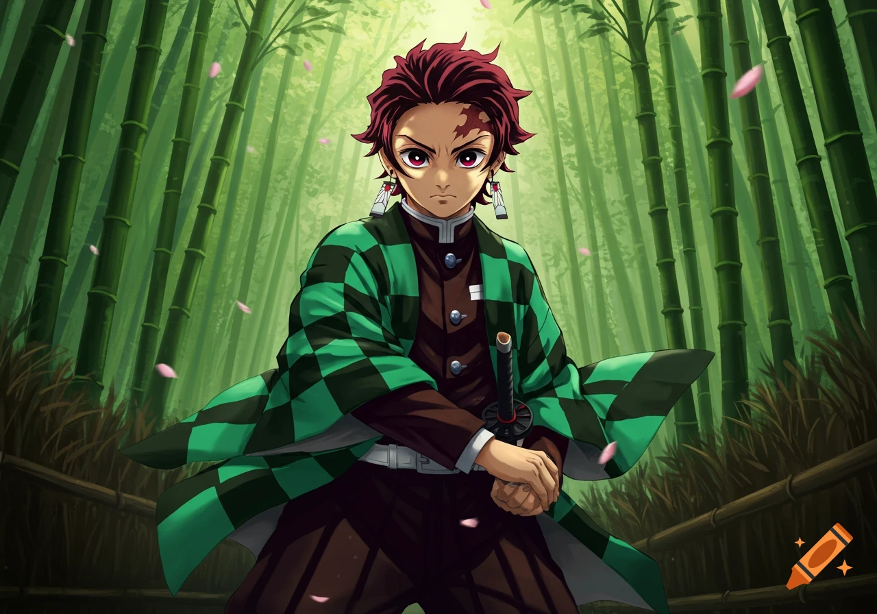 Anime character Tanjiro Kamado with red hair and a scar, wearing a green and black checkered haori, holds a sword in a bamboo forest.