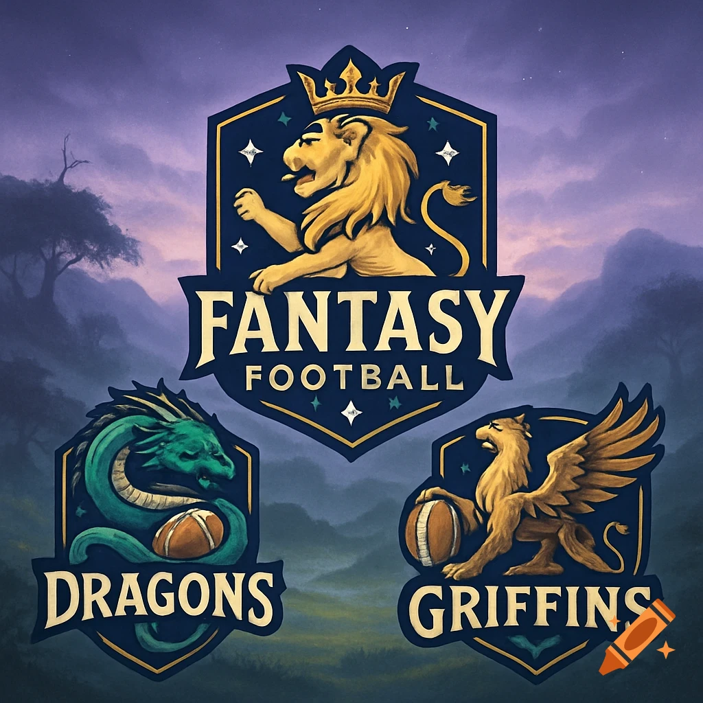 Three fantasy football logos: a lion with a crown, a green dragon, and a griffin, all holding footballs, on a misty landscape background.
