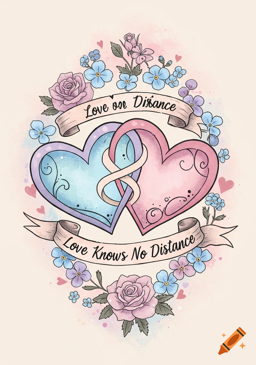 Watercolor illustration of two intertwined hearts with flowers and banners reading 'Love on Distance' and 'Love Knows No Distance'.