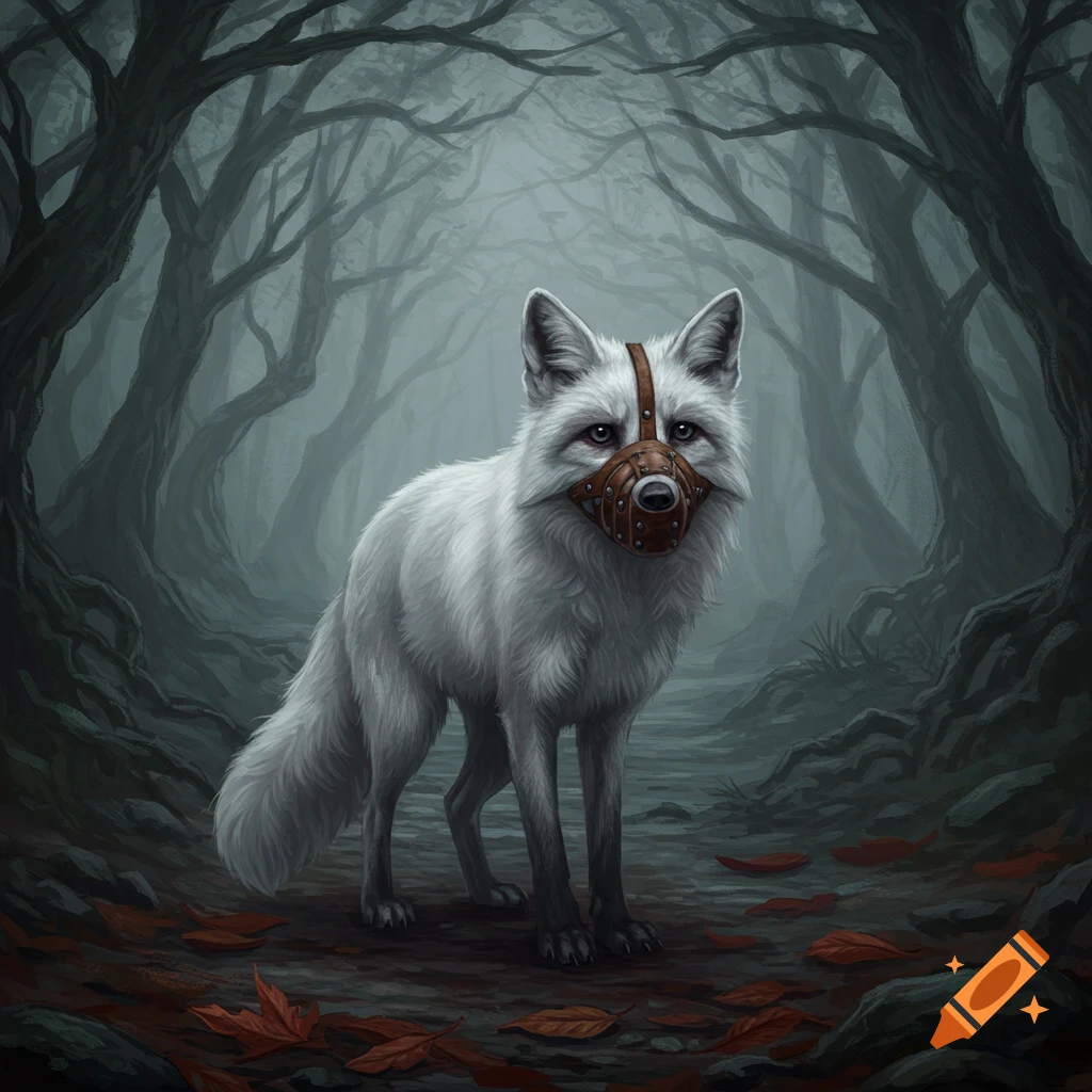A white fox wearing a brown muzzle stands in a dark, misty forest with bare trees and fallen leaves, looking sad.