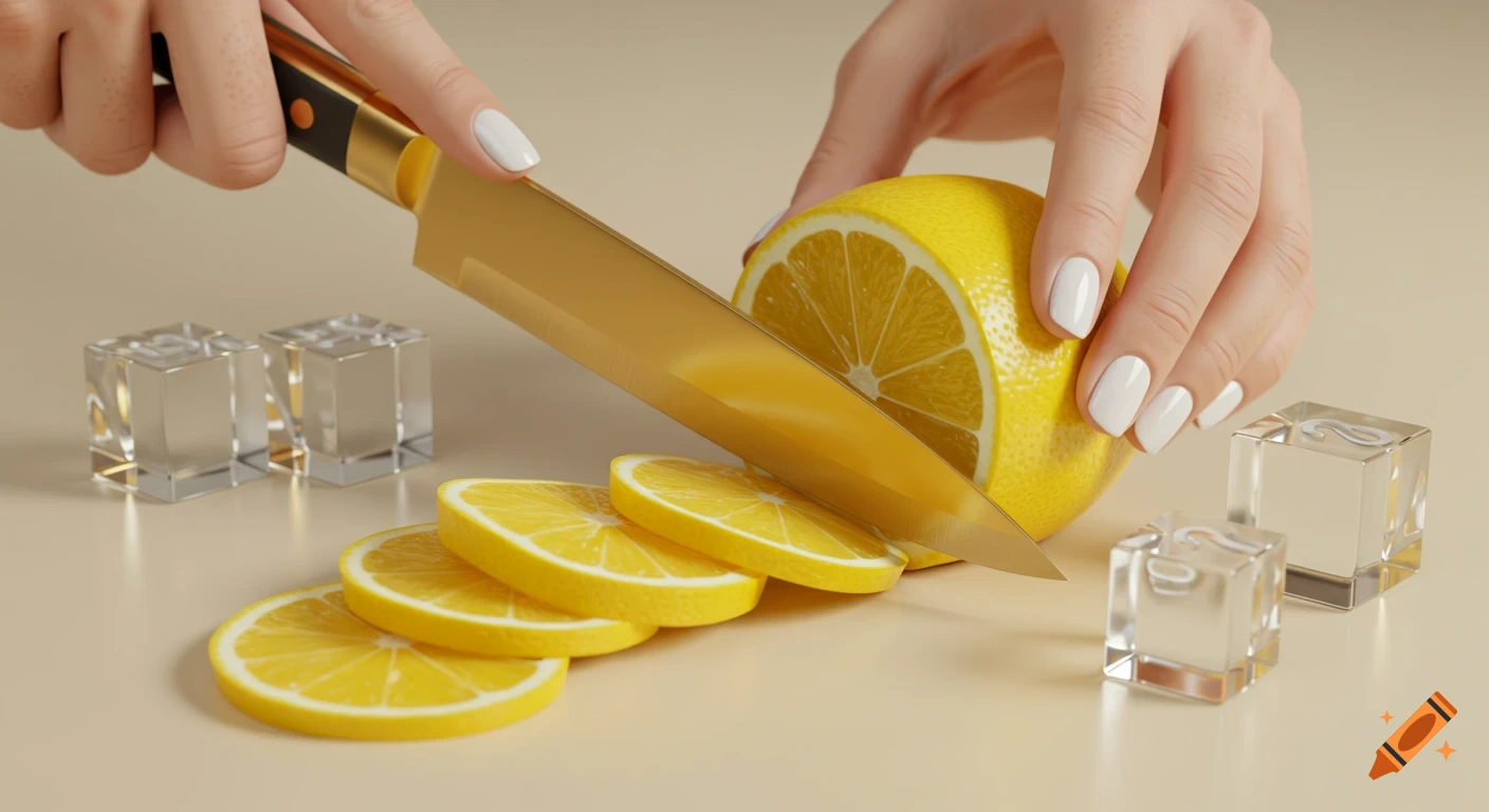 Close-up of hands with white nails slicing a lemon with a golden knife, revealing lemon slices and ice cubes on a light background.