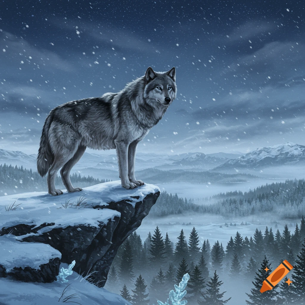 A majestic grey wolf stands on a snowy cliff, overlooking a vast winter landscape with pine trees and snow falling, digital art.