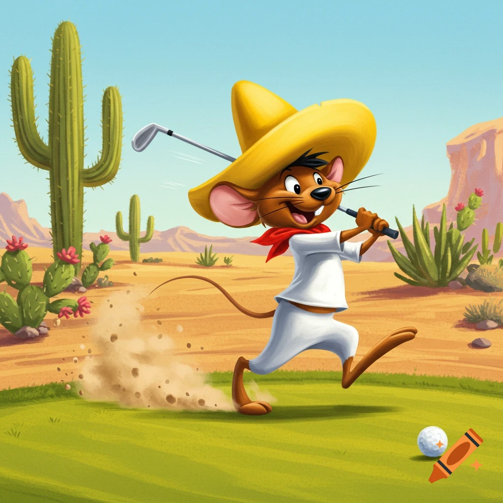 Cartoon character Speedy Gonzales in a sombrero playing golf in a desert with saguaro cacti.
