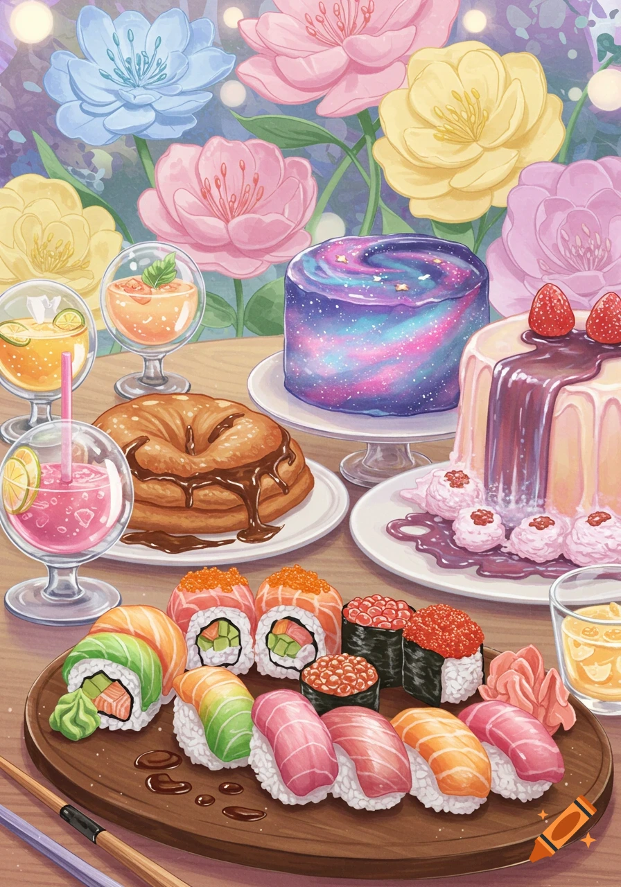 Vibrant illustration of a table spread with a galaxy cake, fruit pudding, pancakes, sushi, and colorful drinks, against a backdrop of pastel flowers.