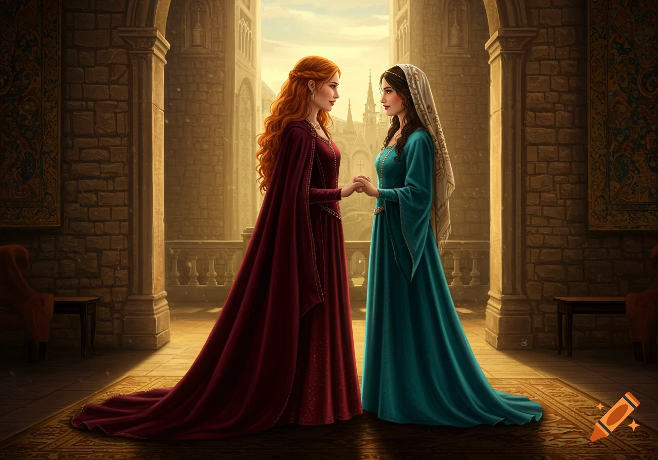 Two women in medieval-style dresses, one with red hair and one with dark hair with a headscarf, holding hands in a castle hall.