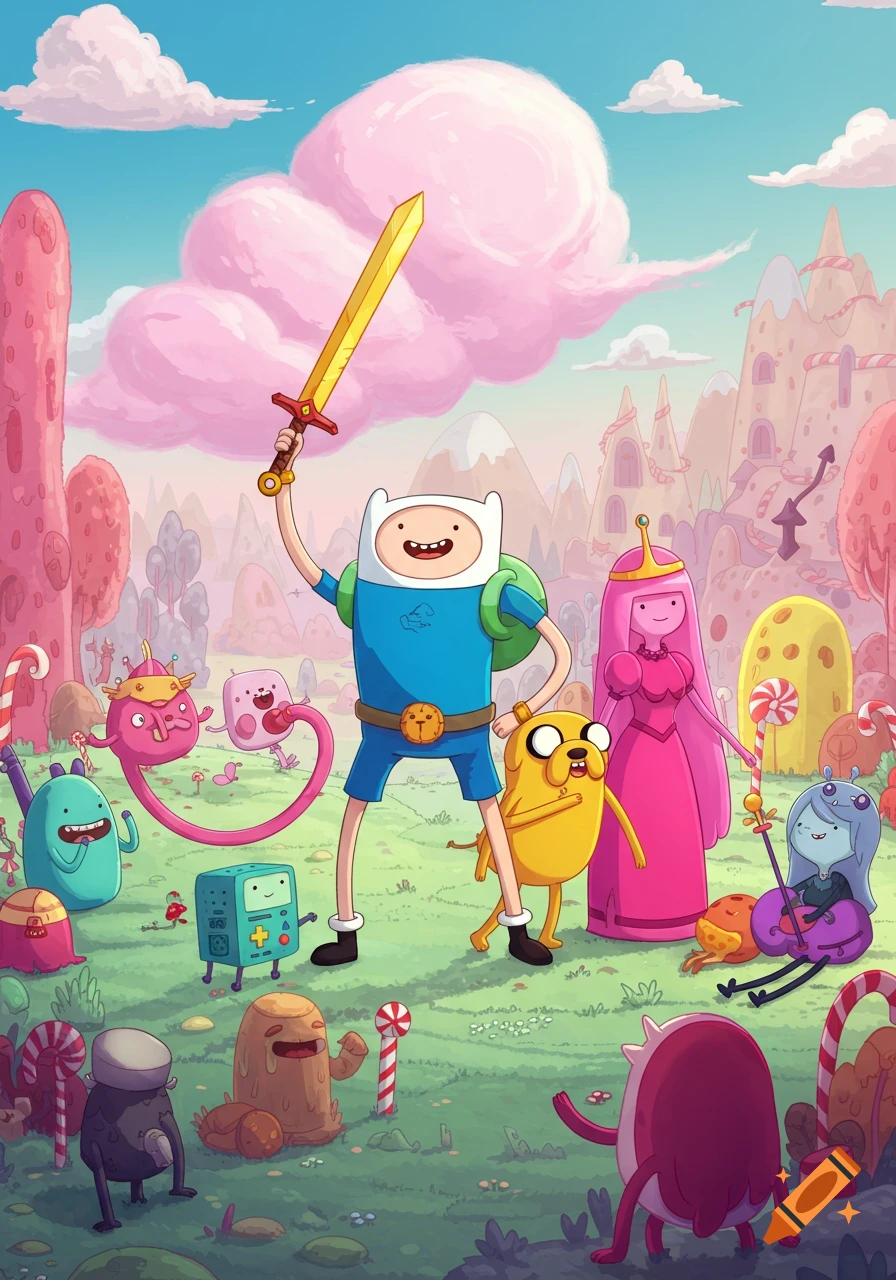 Finn, Jake, Princess Bubblegum, and other characters in a vibrant, candy-themed fantasy landscape. Finn holds a golden sword.