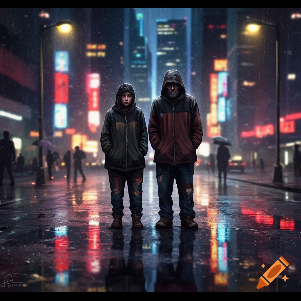 A weary man and woman stand on a wet, neon-lit city street at night while it rains.