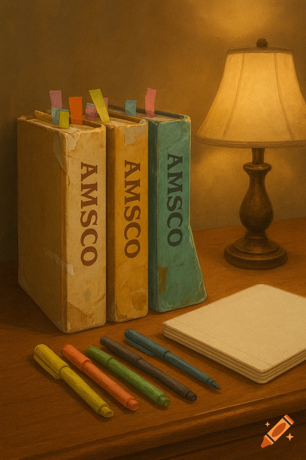 Three books with 'AMSCO' on their spines, marked with sticky notes, sit next to pens, a notebook, and a lit lamp on a wooden desk in a warm, painterly style.