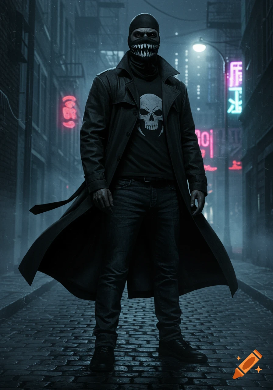 A man in a black trench coat, skull t-shirt, and a balaclava with sharp white teeth stands in a dark, rainy alleyway with neon signs, in a photorealistic style.