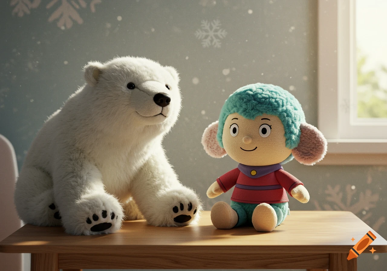 A realistic plush polar bear and a teal-haired cartoon character plush sit on a wooden table in a room with snowflake decals.
