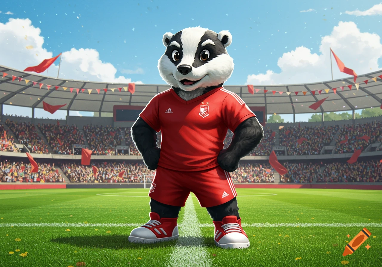 A cartoon badger mascot wearing a red soccer jersey and red sneakers stands on a green field in a stadium filled with cheering fans.