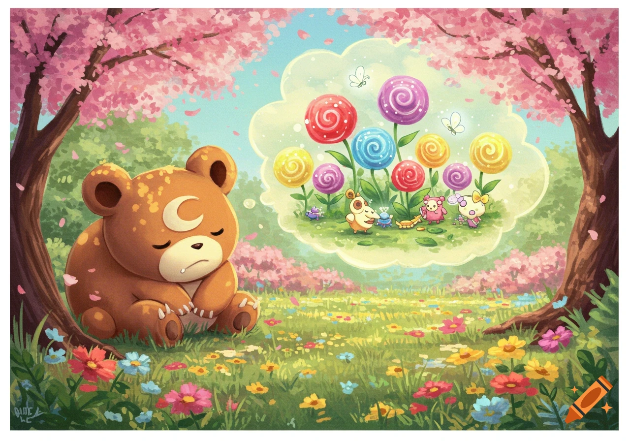 A cute brown bear-like character sleeps in a cherry blossom meadow, dreaming of small creatures and colorful lollipop flowers.