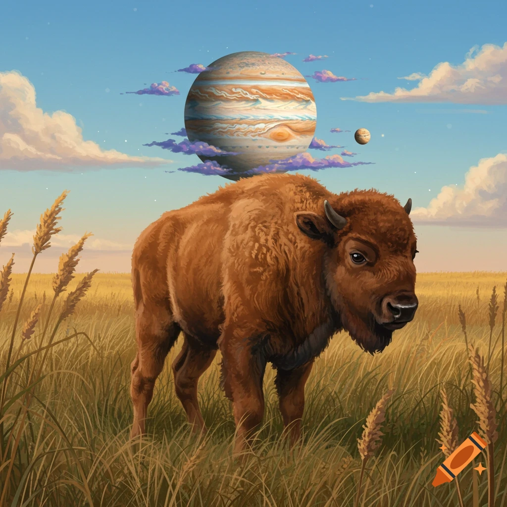 A detailed illustration of a baby bison standing in a grassy field under a blue sky, with Jupiter prominently in the background.