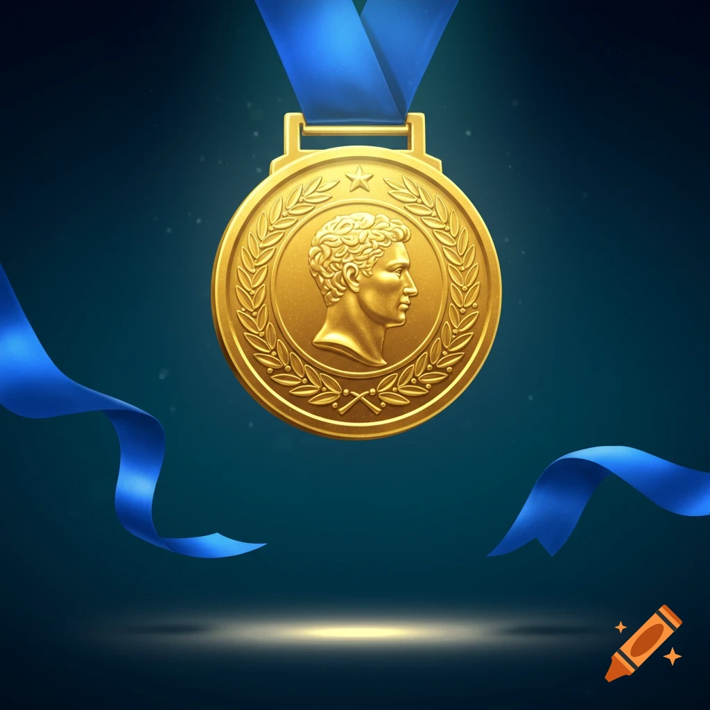 A shiny gold medal with a male profile in a laurel wreath, hanging from a blue ribbon, against a dark blue background.
