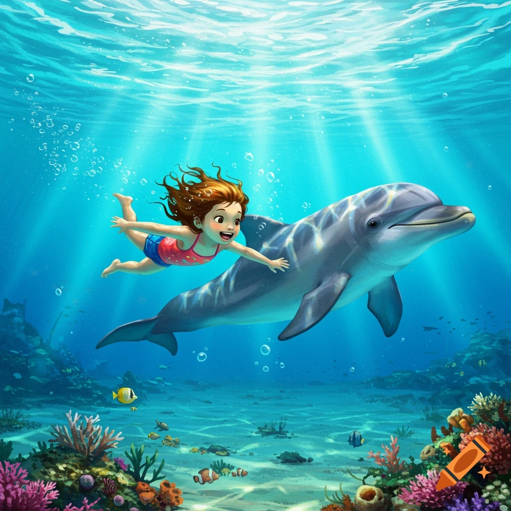 A joyful cartoon child in a swimsuit swims underwater with a dolphin, surrounded by colorful coral and fish.