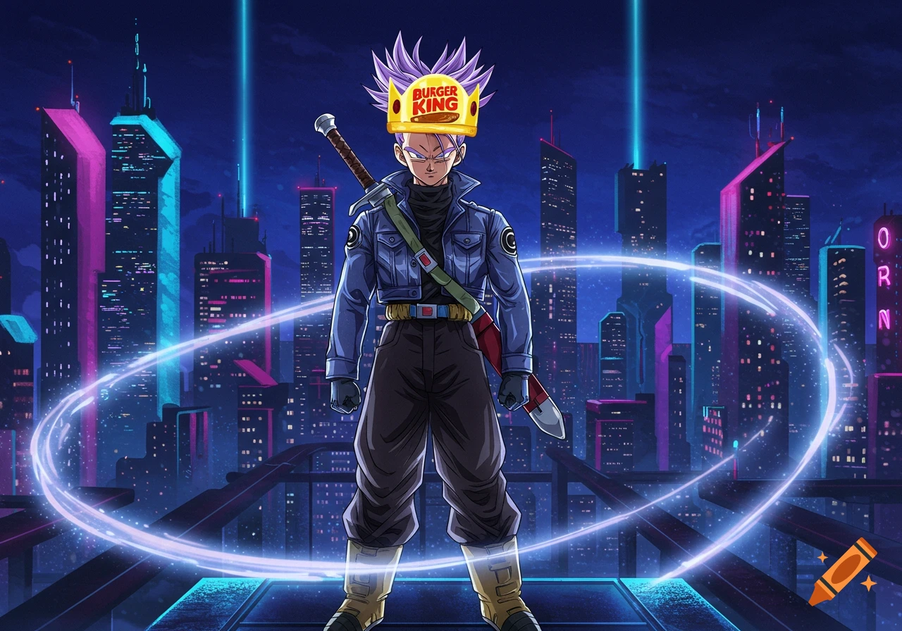 Anime character Future Trunks wearing a Burger King crown and holding a sword, standing on a rooftop in a neon-lit futuristic city at night.