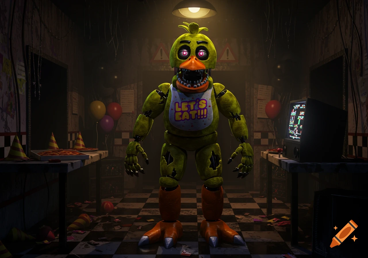 A menacing, green and yellow animatronic chicken, Chica from FNAF, stands in a dark, dilapidated room with glowing red eyes.