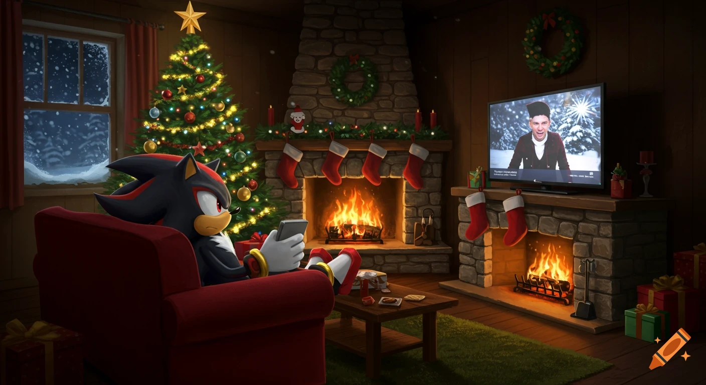 Shadow the Hedgehog relaxes in a red armchair, looking at his phone, in a cozy, Christmas-decorated living room with a fireplace and TV.
