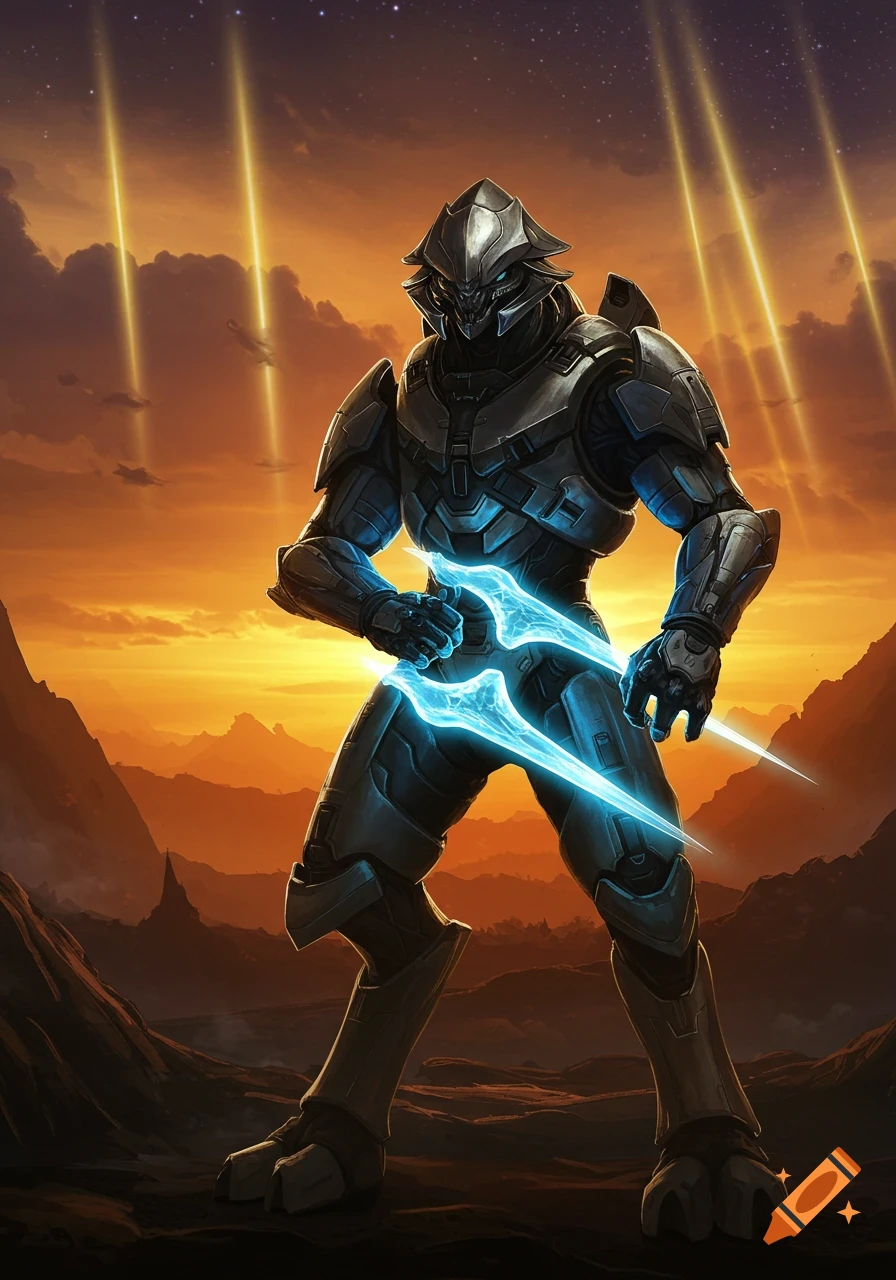 An armored alien warrior with glowing blue energy swords stands dramatically on a rocky alien planet at sunset with light beams from the sky.