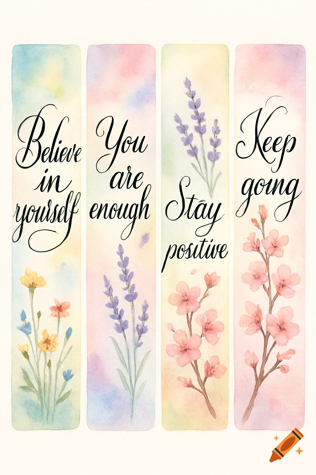 Four watercolor bookmarks with inspirational quotes and floral designs. Quotes include 'Believe in yourself' and 'Keep going'.