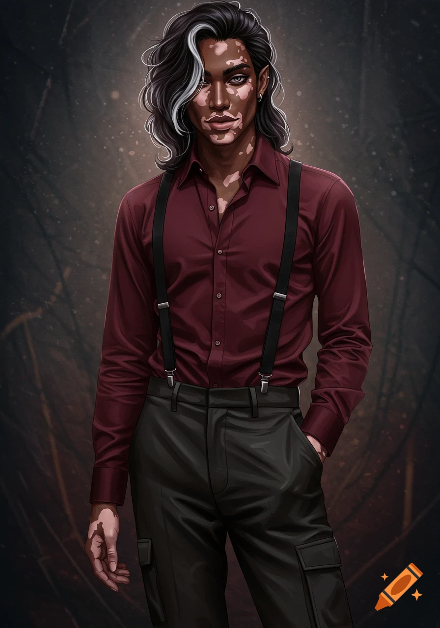 Illustrated portrait of a feminine man with dark hair, white streak, and vitiligo, wearing a red shirt, black suspenders, and cargo pants.