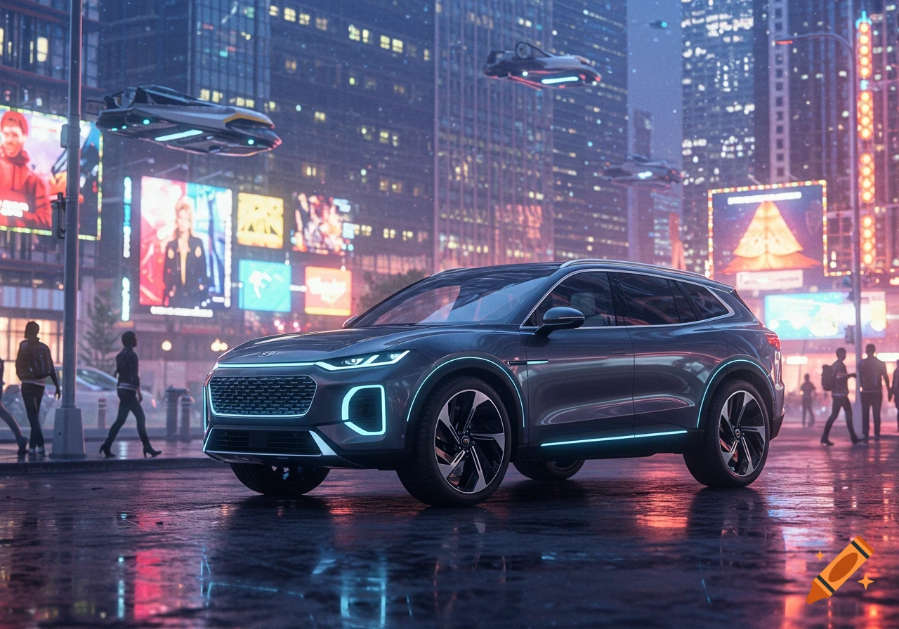Dark blue futuristic SUV with glowing blue accents on a wet street in a neon-lit city at night, with flying vehicles.