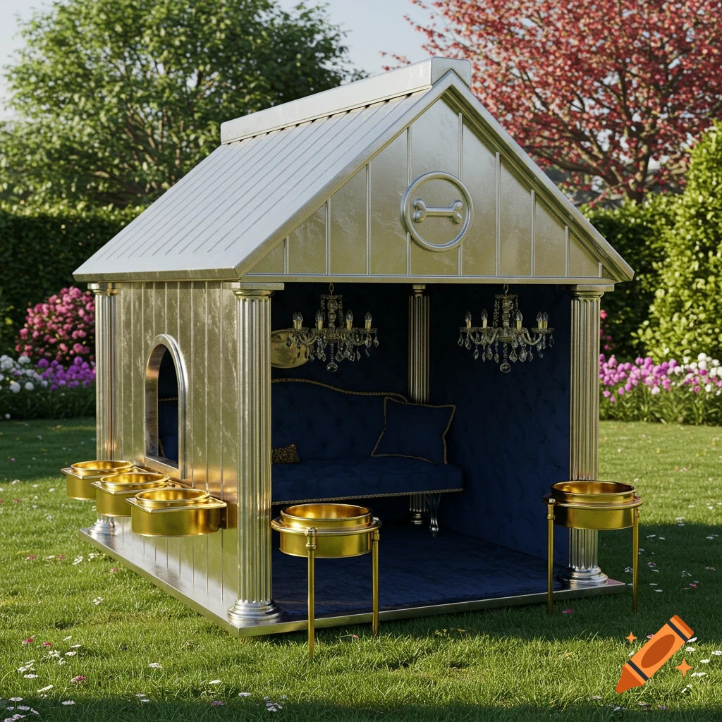 Luxurious gold and silver dog house with a blue velvet interior, chandeliers, and gold bowls, set in a sunny green backyard.